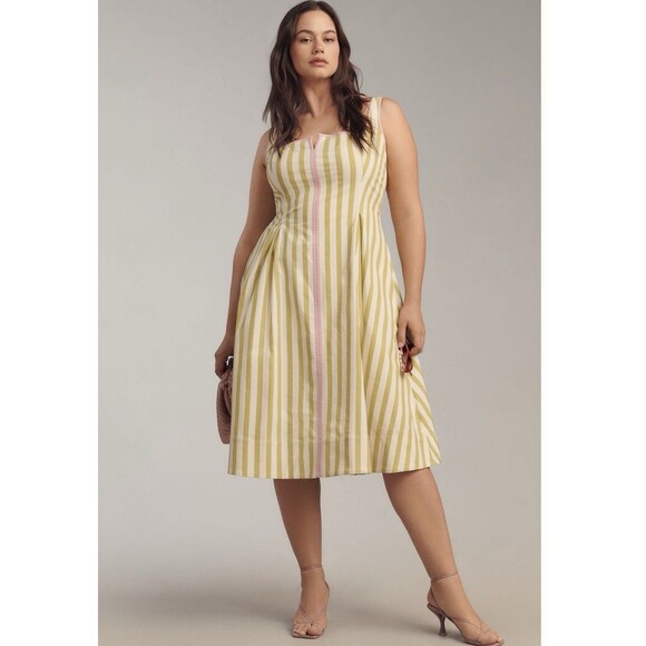 Anthropologie Maeve Midi Dress Green Stripe Notched Square Neck Vacay Large NWT Midi Anthropologie Maeve Midi Dress Green Stripe Notched Square Neck Vacay Large NWT Midi